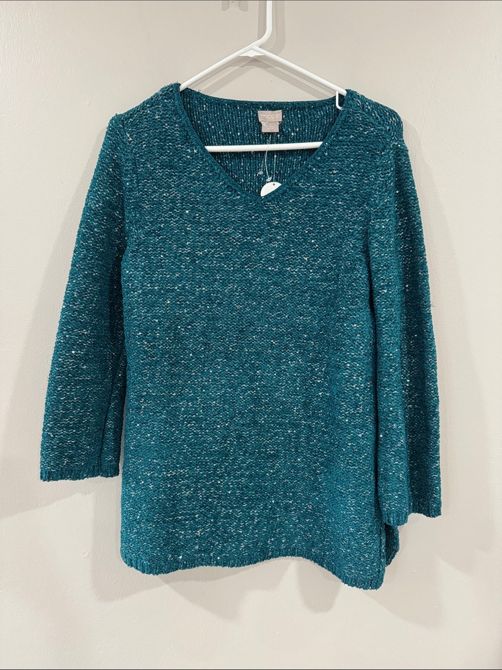 Chico’s NEW Teal V-Neck Textured Knit sequin metallic pullover Sweater - Picture 2 of 7